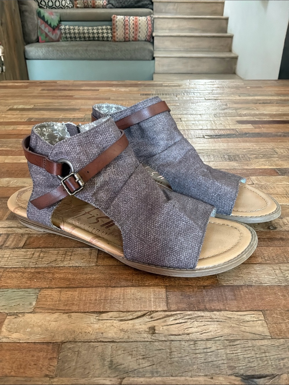 Women's Textured Taupe Open-Toe Ankle Sandals with Brown Strap